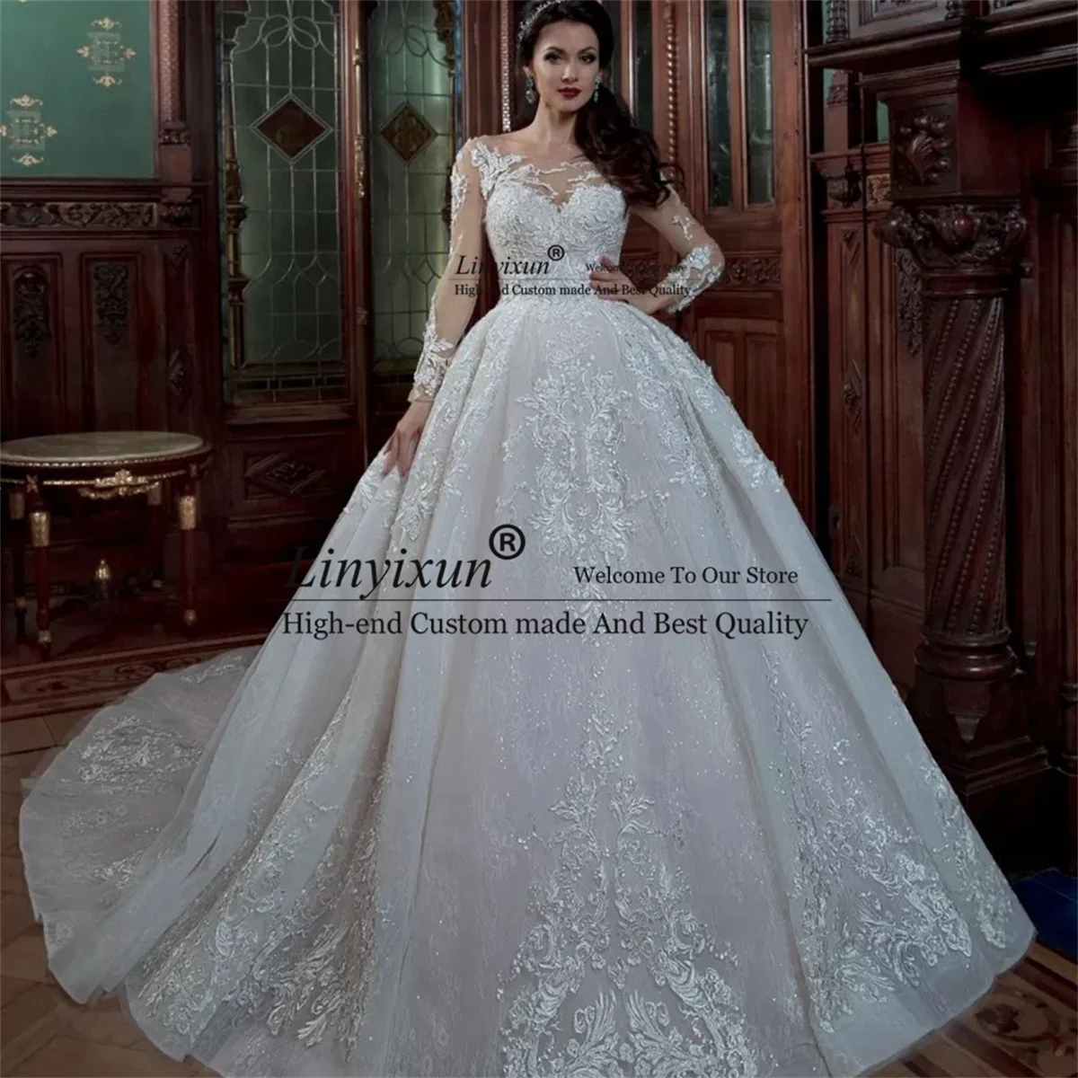 Женское свадебное платье с длинным рукавом, кружевное блестящее платье со шлейфом и аппликацией, расшитое бисером
Женское свадебное платье с длинным рукавом, кружевное блестящее платье со шлейфом и аппликацией, расшитое бисером