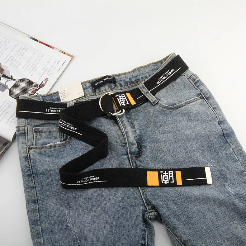 New Personalized Text Printing Jeans Belt Casual Canvas Unisex Waist Belt Fashion Wild Double-ring Buckle Hip Hop Pants Belt 
New Personalized Text Printing Jeans Belt Casual Canvas Unisex Waist Belt Fashion Wild Double-ring Buckle Hip Hop Pants Belt