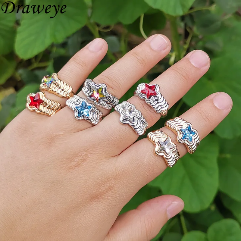 

Draweye Simple Geometric Rings for Women Vintage Stars Forefinger Ins Fashion Jewelry Wave Candy Color Anillos Mujer Korean