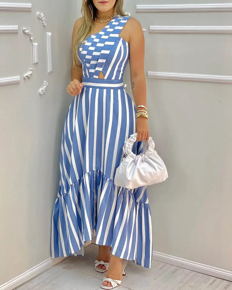 Women Long Maxi Dress Sleeveless High Waist One Shoulder Striped Print Cutout Casual Dress Summer Spring Sexy
Women Long Maxi Dress Sleeveless High Waist One Shoulder Striped Print Cutout Casual Dress Summer Spring Sexy
