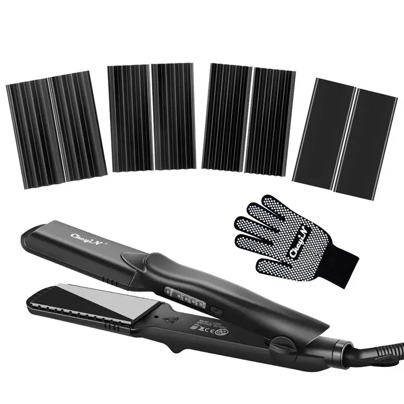 

CkeyiN 4 in 1 Professional Interchangeable Ceramic Hair Crimper Straightener Corn Waver Corrugated Iron Plate with Glove
