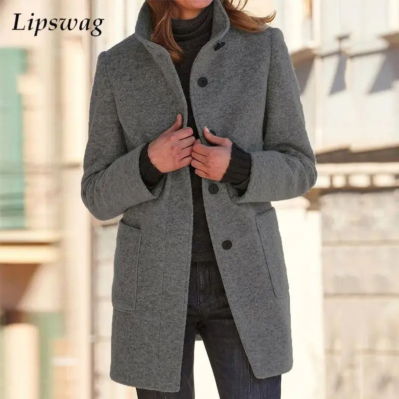 Fashion Long Sleeve Casual Wool Coat Elegant Single-breasted Pocket Outerwear Autumn Winter Women Stand Collar Vintage Overcoat
Fashion Long Sleeve Casual Wool Coat Elegant Single-breasted Pocket Outerwear Autumn Winter Women Stand Collar Vintage Overcoat