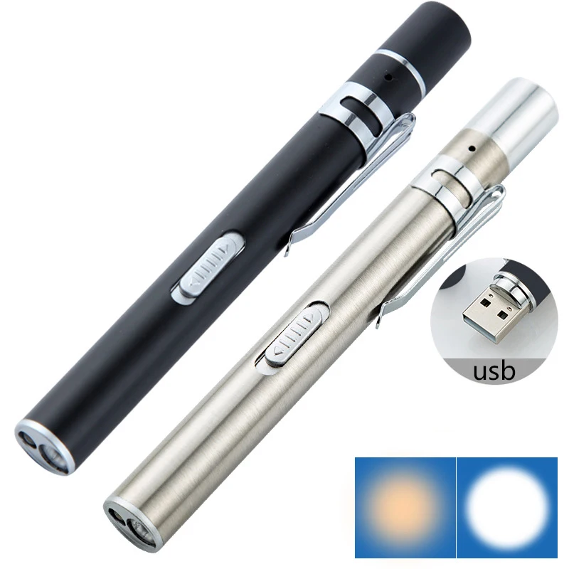 

2PCS Medical Led Flashlight Pen Light USB Rechargeable Torch Flashlights With Dual Lamp Clip Pocket Stainless Steel For Doctor