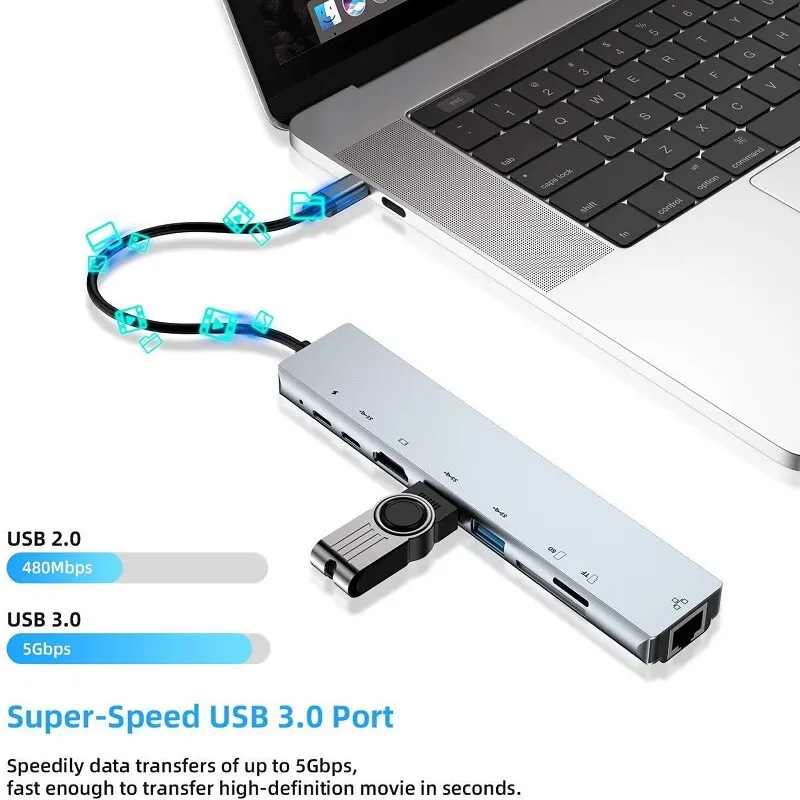 Высокоскоростной мини-концентратор USB 3,0 Тип C для 4K HDMI PD зарядка 8 в 1 многофункциональный адаптер SD TF кардридер интерфейс RJ45
Высокоскоростной мини-концентратор USB 3,0 Тип C для 4K HDMI PD зарядка 8 в 1 многофункциональный адаптер SD TF кардридер интерфейс RJ45