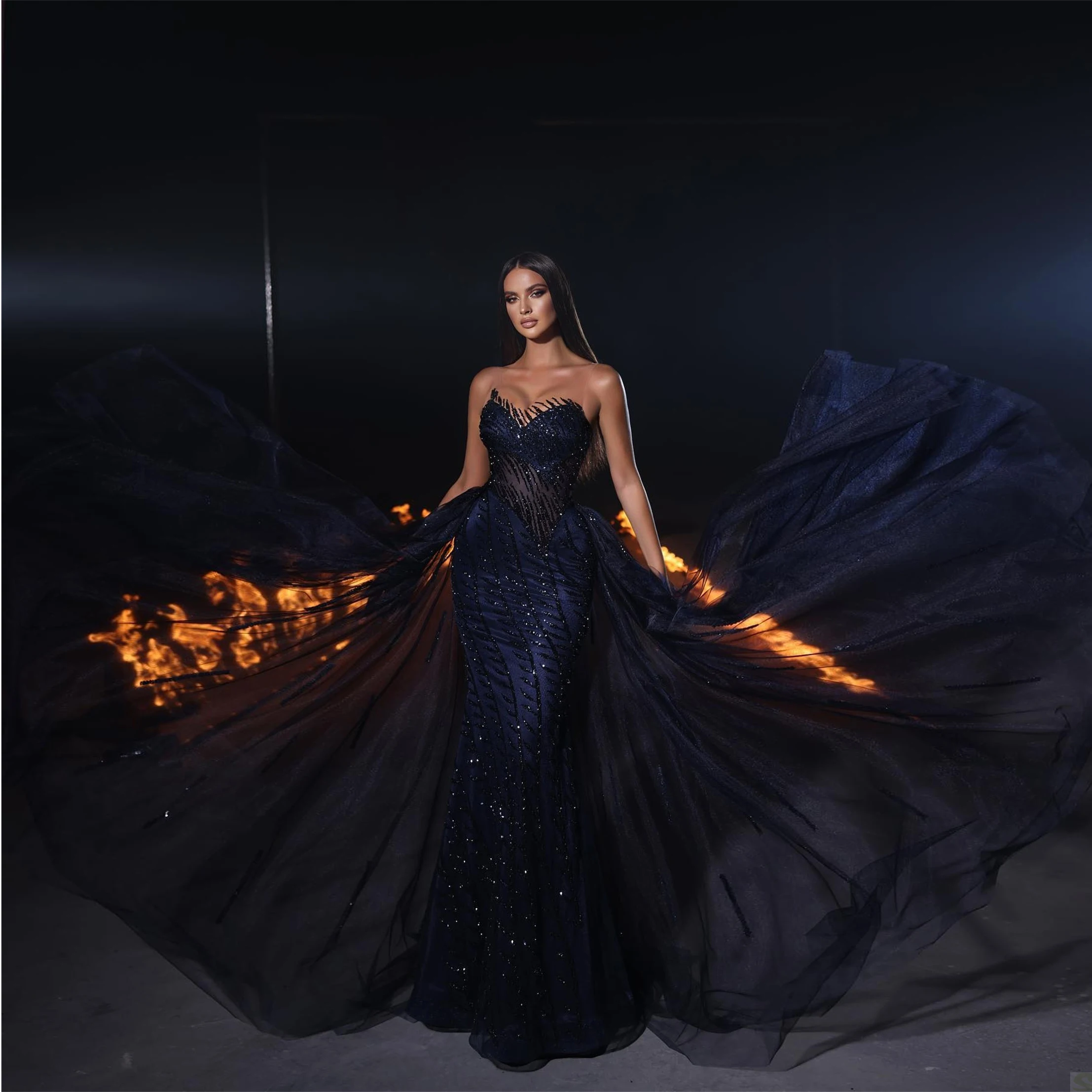 

Navy Blue Mermaid Evening Dresses Overlay Tulle abendkleider Beaded Prom Gowns Sheer Neckline Party Dresses Saudi Arabic