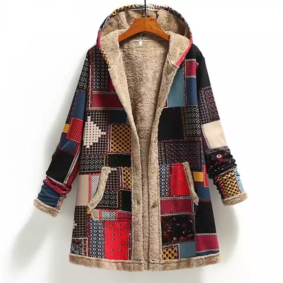 Winter female warm coat print thick fleece hooded long jacket with pocket ladies loose outwear coat
Winter female warm coat print thick fleece hooded long jacket with pocket ladies loose outwear coat