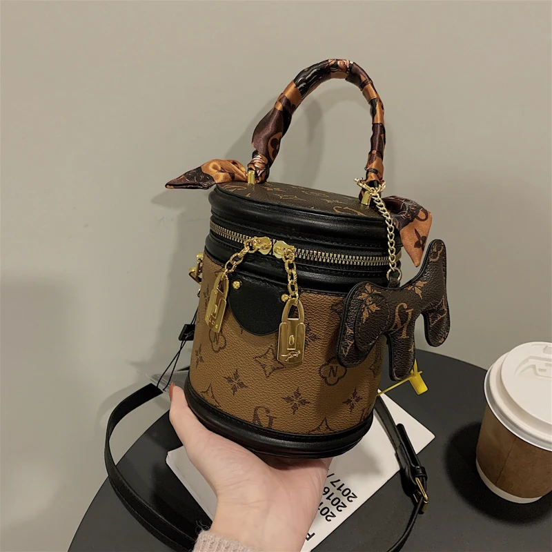 

Barrel Monogram Shoulder Bucket Bag For Women Fashion Luxury Zipper Mini Handbags High Quality Ladies Purse Side Crossbody Bags