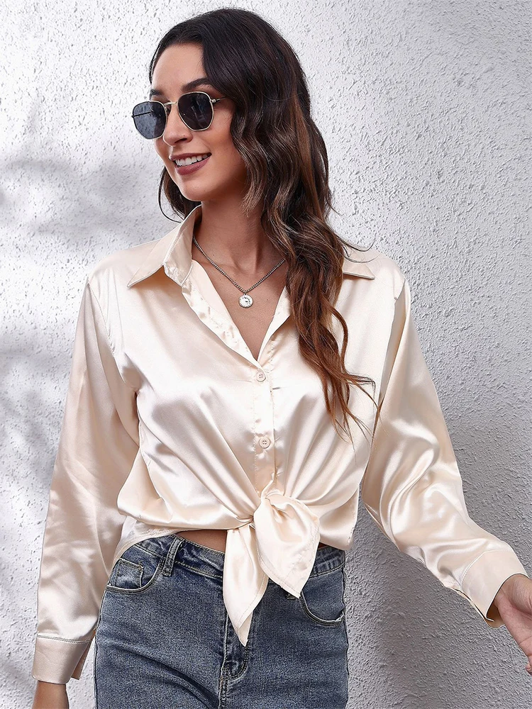 Satin Silk Long-Sleeved Shirt Casual Turn Down Collar Blouses Solid Color Women Clothing Spring Autumn Fashion Elegant Woman Top
Satin Silk Long-Sleeved Shirt Casual Turn Down Collar Blouses Solid Color Women Clothing Spring Autumn Fashion Elegant Woman Top