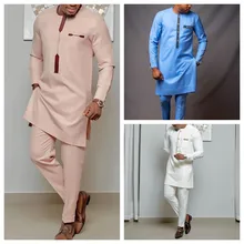 Kaftan Elegant African Mens Set 2 Pieces Outfits Long Sleeve Ethnic Tops and Pants Full Luxury Mens Suit Wedding Men Clothing