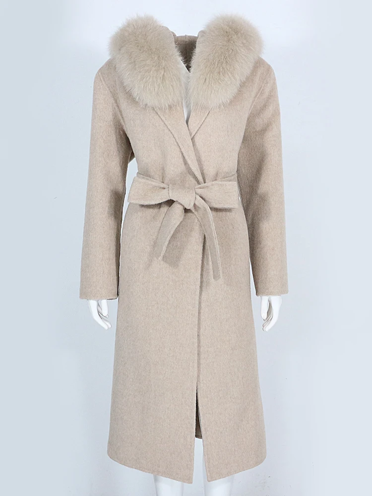 

Женское кашемировое пальто с капюшоном OFTBUY, длинная кашемировая куртка с воротником из натурального меха лисы, новинка зимнего сезона 2023