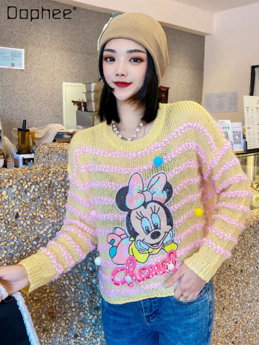 2022 Spring and Autumn New Cartoon Sequins Round Neck Striped Long Sleeve Pullover Knitted Sweater Women's Fashion Knitwear Top
2022 Spring and Autumn New Cartoon Sequins Round Neck Striped Long Sleeve Pullover Knitted Sweater Women's Fashion Knitwear Top