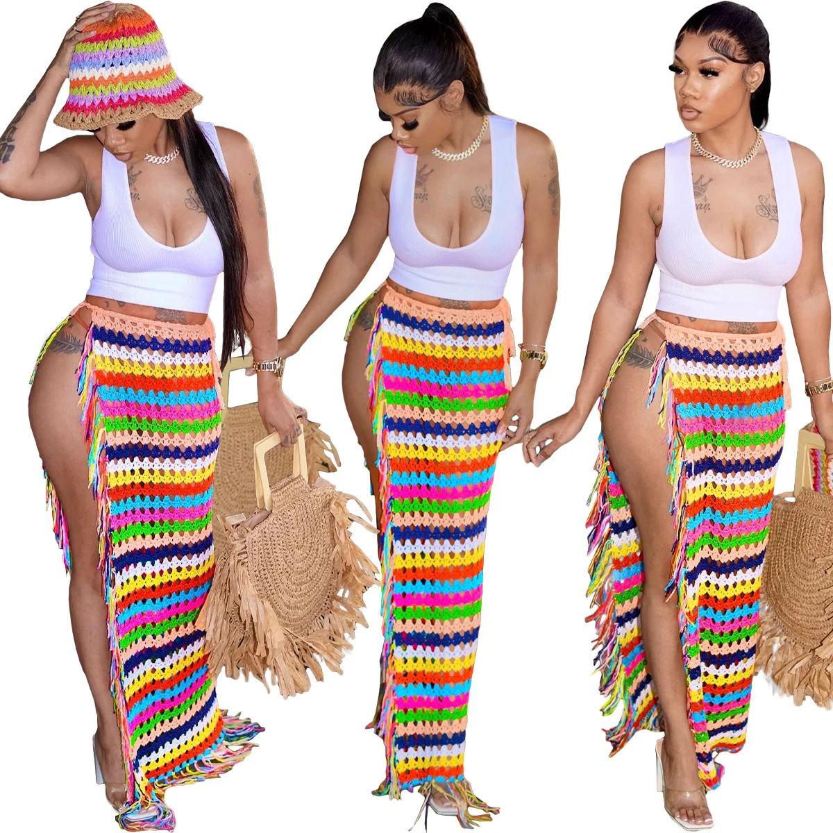Woman Bandage Waist Knitted Skirt Rainbow Color tassel High Split crochet Bohe Skirt S-2XL
Woman Bandage Waist Knitted Skirt Rainbow Color tassel High Split crochet Bohe Skirt S-2XL
