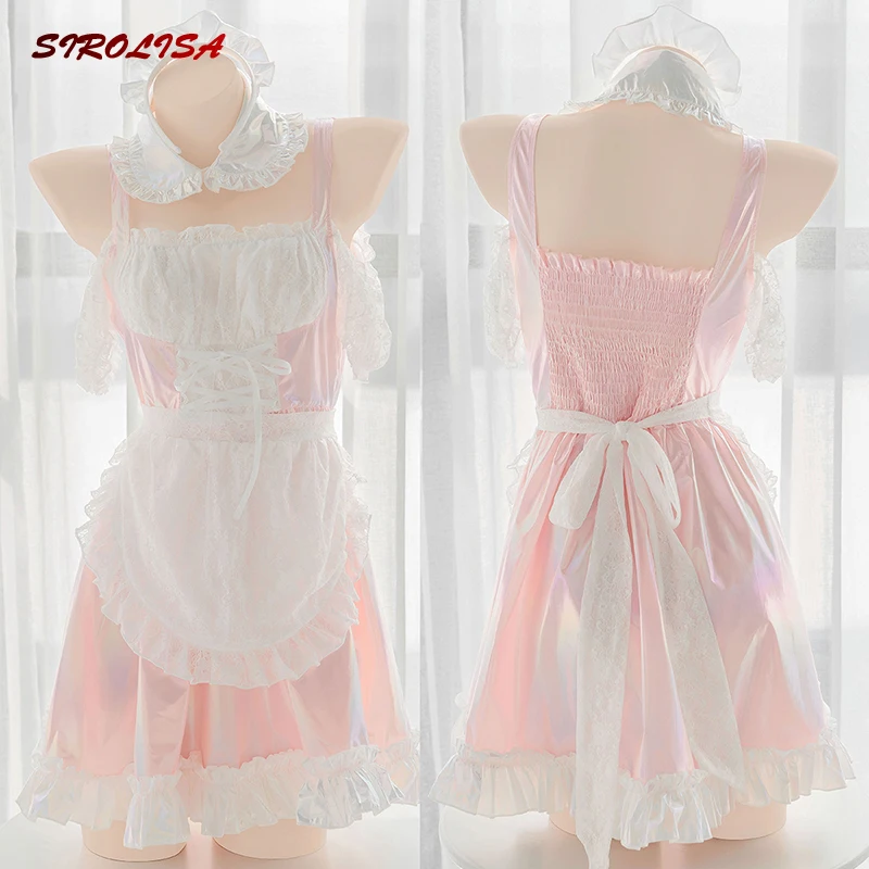 Kawaii Cute Pink Sexy Lingerie Backless Laser Women Maid Dress Sweet Off Shoulder Mesh Lace Shiny Sling Outfit Cosplay Costumes
Kawaii Cute Pink Sexy Lingerie Backless Laser Women Maid Dress Sweet Off Shoulder Mesh Lace Shiny Sling Outfit Cosplay Costumes