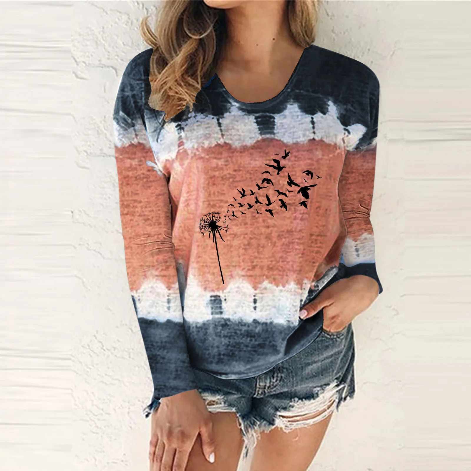 

Womens Casual Fashion Round Neck Tie Dye Printing Long Sleeve T Shirt Blouse Tops Tunics for Women Summer