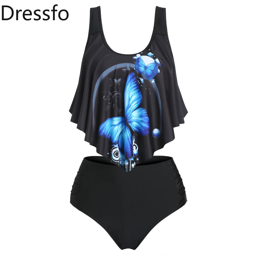 

Dressfo Gothic Swimsuit Flounce Butterfly Print Ruched Beach Bathing Suit Tummy Control High Waist Tankini Swimwear Beachwear