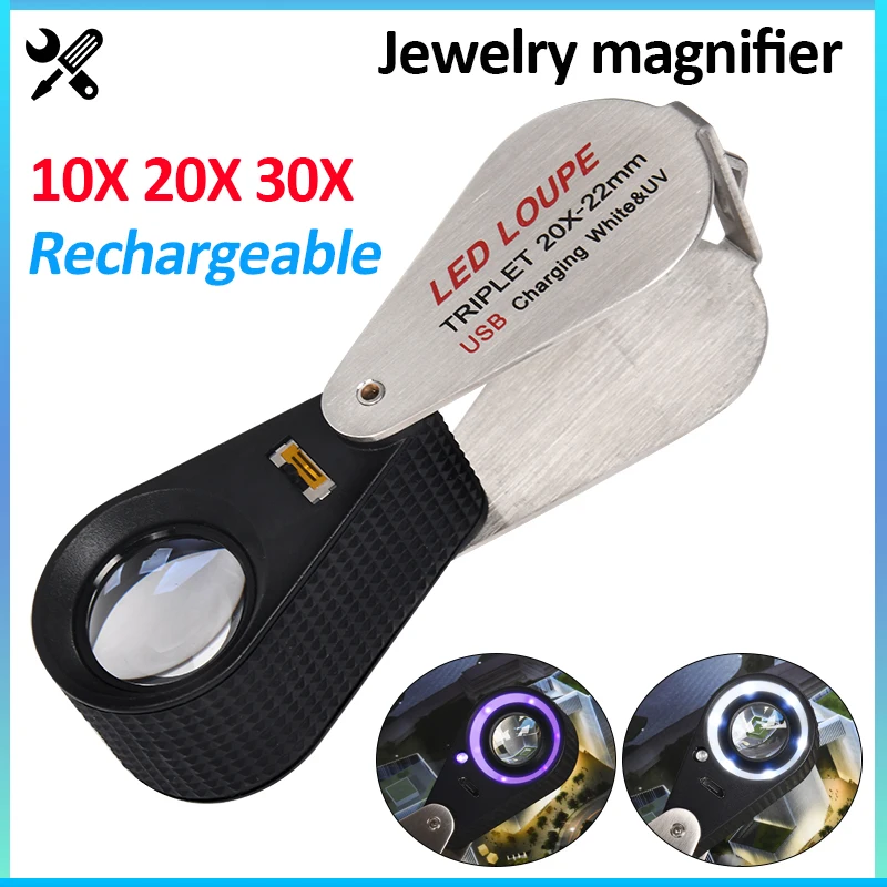 10X 20X 30X Metal Jewelry Magnifying Glass with LED Lights and UV Lamp Foldable Rechargeable Magnifier for Diamond Jewelry
10X 20X 30X Metal Jewelry Magnifying Glass with LED Lights and UV Lamp Foldable Rechargeable Magnifier for Diamond Jewelry