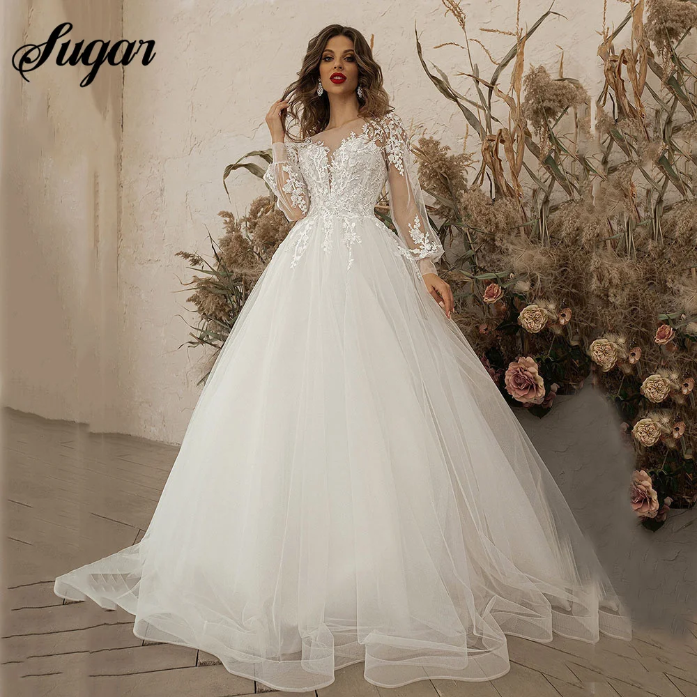 

Lace Appliques Wedding Dress Scoop Neck Long Sleeve Backless A Line Tulle Bride Dress Robe De Mariee Vestidos De Novia Civil