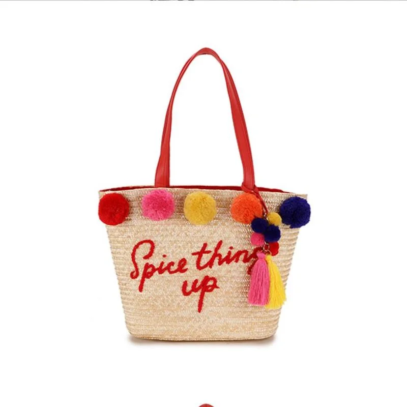 Большая соломенная сумка-тоут для женщин, летняя плетеная Сумка с разноцветными помпонами и вышивкой надписи, пляжный мешок для отпуска, 2022 
Большая соломенная сумка-тоут для женщин, летняя плетеная Сумка с разноцветными помпонами и вышивкой надписи, пляжный мешок для отпуска, 2022