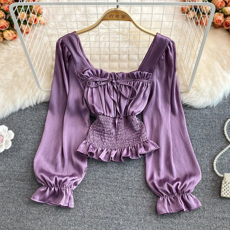 Autumn Women Purple/Red/Green Ruffle Short Shirt Vintage Square Collar Puff Sleeve Draped Short Blouse Female ELegant Tops 2022
Autumn Women Purple/Red/Green Ruffle Short Shirt Vintage Square Collar Puff Sleeve Draped Short Blouse Female ELegant Tops 2022