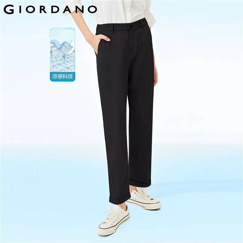 

GIORDANO Women Pants Half Elastic Waist Lightweight Casual Pants Roll-Up Cuffs Ankle-Length High-Tech Cooling Pants 05422320