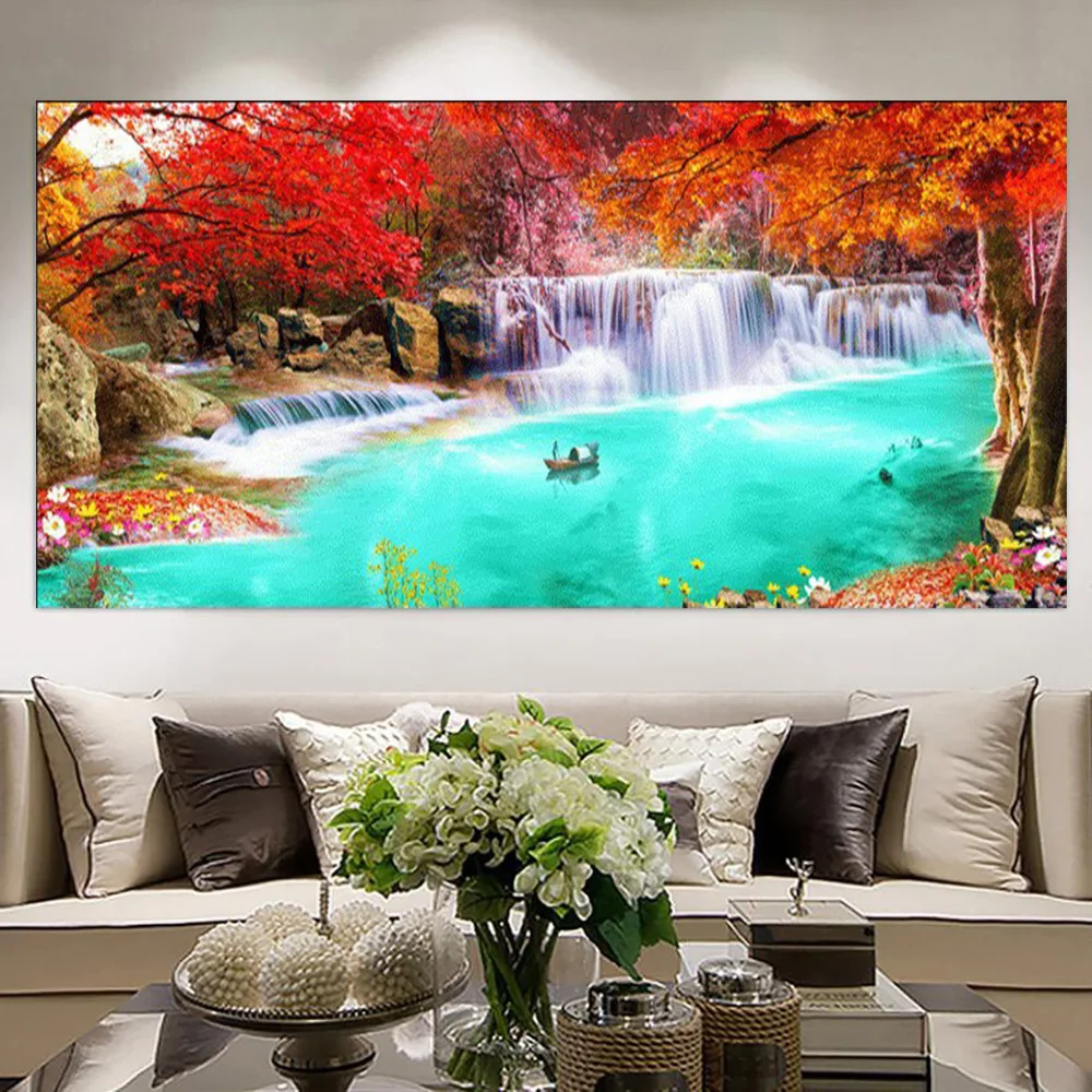 

5D Diamond Embroidery Maple Forest Waterfall Landscape Diy Diamond Painting Full Diamond Picture Art Mosaic Home Decoration