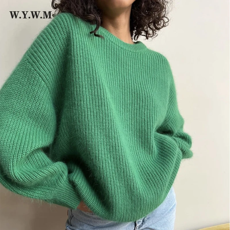 

WYWM Loose Fleece Knitted Sweaters Women 2022 Winter Solid Female Pullovers Warm Cashmere O Neck Knitwear Jumper