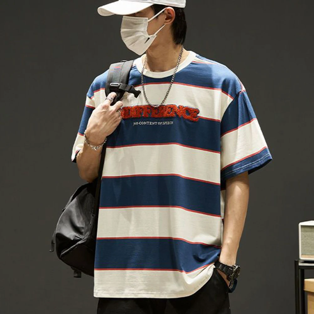 

Футболка мужская в полоску с вышивкой, свободная цветная контрастная рубашка с коротким рукавом, уличная одежда в стиле ретро Харадзюку с надписью, на лето