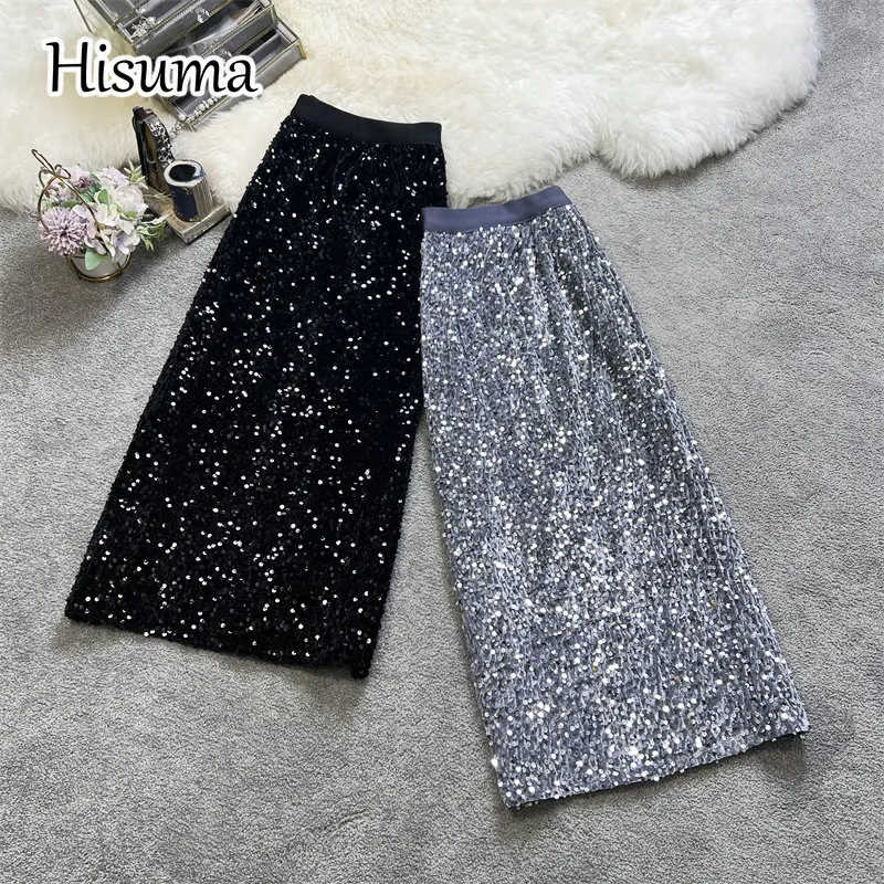 Женская бархатная вечерние ка с блестками, однотонная вечерняя юбка с высокой талией в стиле ретро, зима 2022