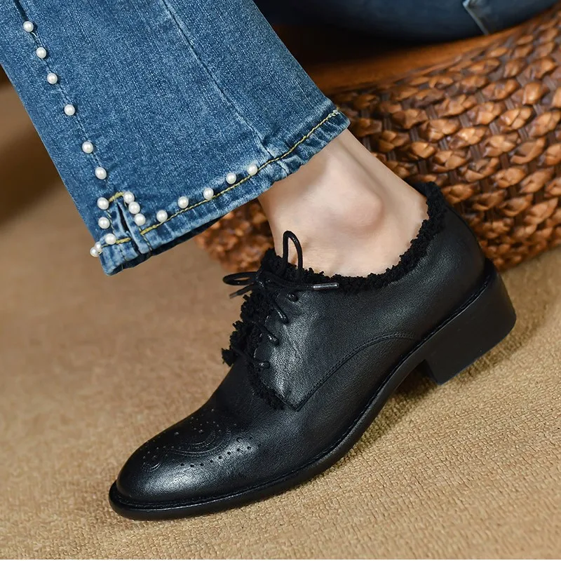 

Туфли-броги женские на шнуровке, оксфорды в британском стиле ретро, низкий каблук, плоская подошва, Воловья кожа, оксфорды