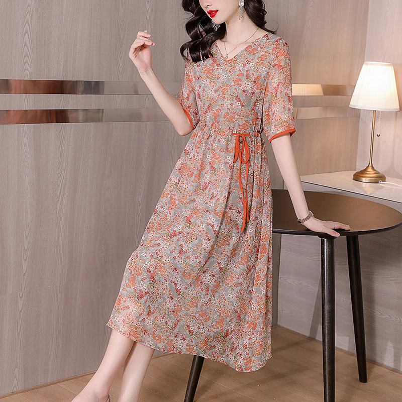 

Women Floral Natural Chiffon V-Neck Midi Dress Summer Boho Fashion Beach Sundress 2023 Korean Elegant Bodycon Casaul Dresses