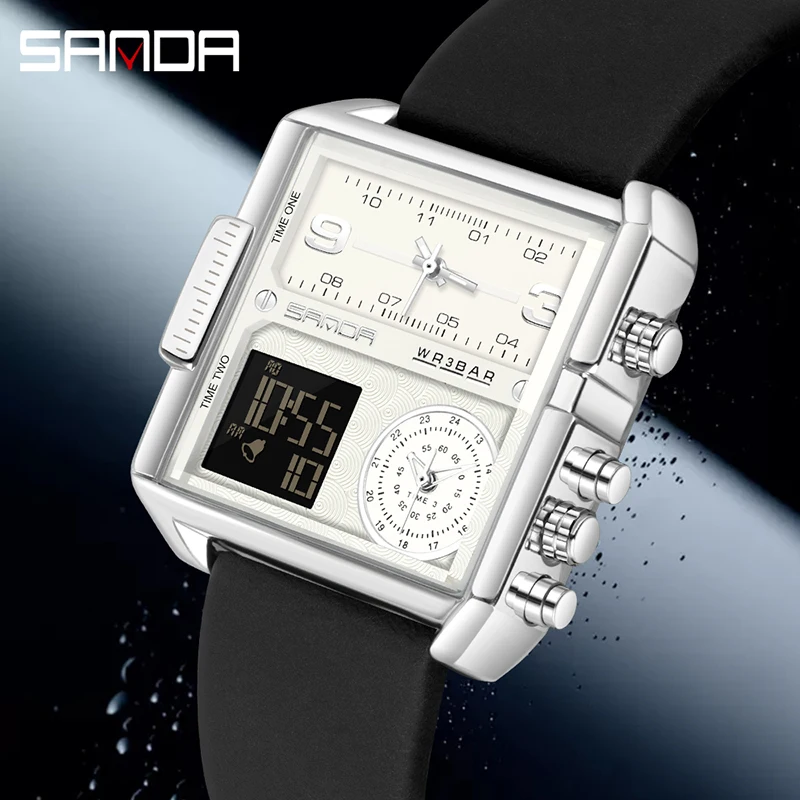 

SANDA LED Digital Watches Men Luxury Brand 3Time Zone Quartz Big Watch 24 Hours Leather Strap Male Sport Watch Relogio Masculino