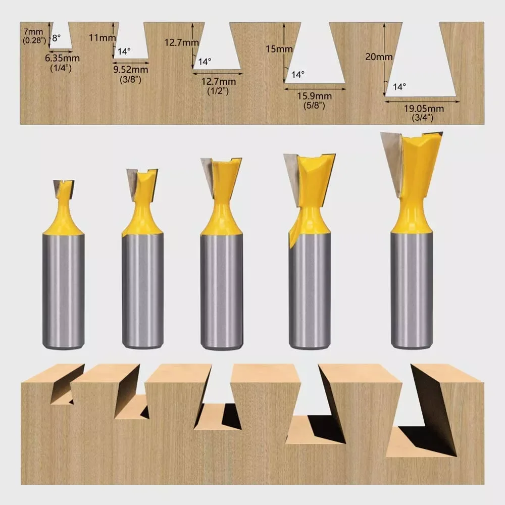 5pcs 8mm Shank Dovetail Joint Router Bits Set 14 Degree Woodworking Engraving Bit Milling Cutter for Boxes Drawers Chests Wood
5pcs 8mm Shank Dovetail Joint Router Bits Set 14 Degree Woodworking Engraving Bit Milling Cutter for Boxes Drawers Chests Wood
