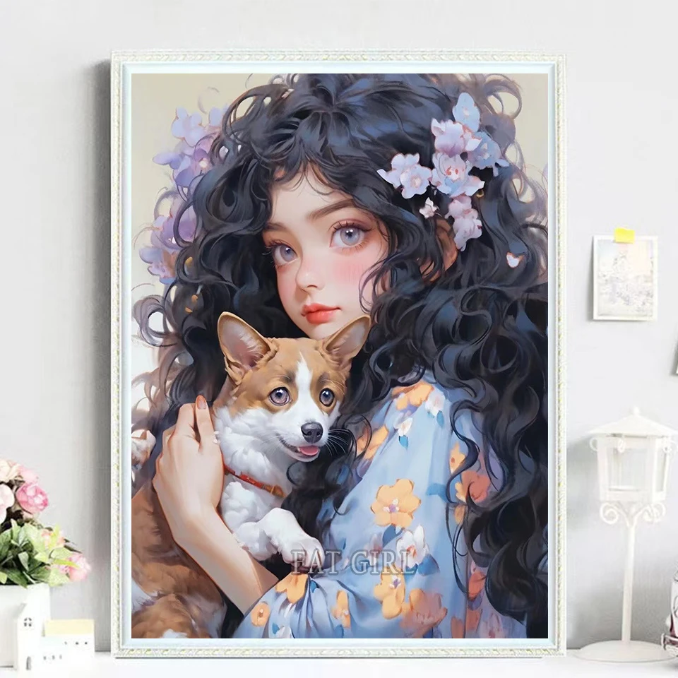 

Набор для алмазной живописи 5D «сделай сам», мозаика с изображением маленькой девочки и собаки, полный набор для домашнего декора с фиолетовыми фантазийными портретами