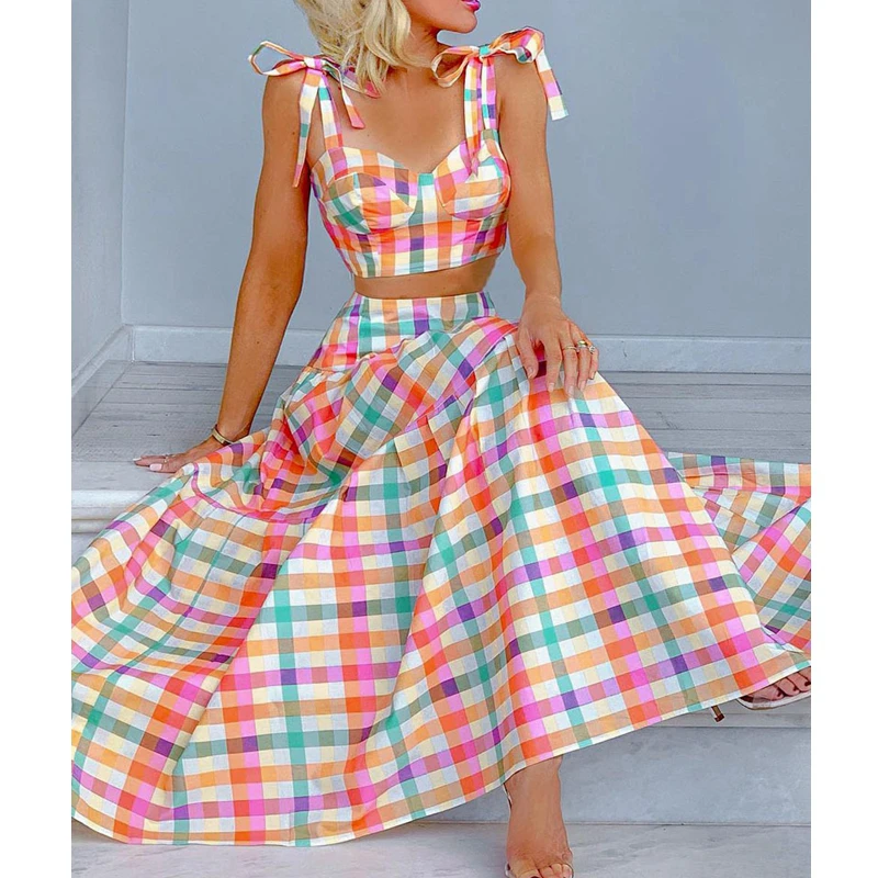 Women 2pcs Clothes Set Short Sleeve Plaid Print Tied Detail Crop Top & Skirt Set Tanks Tops High Waist A Line Long Skirt
Women 2pcs Clothes Set Short Sleeve Plaid Print Tied Detail Crop Top & Skirt Set Tanks Tops High Waist A Line Long Skirt