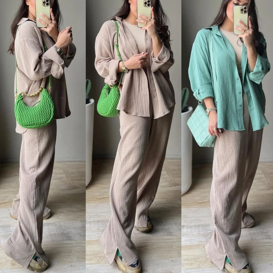 

2023 Autumn New Women's Fashion Large Size Wrinkle Long Sleeve Polo Shirt High Waist Wide Leg Trouser Set