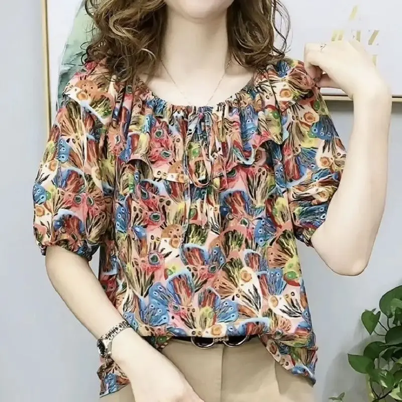 Camisa de gasa plisada para mujer blusa informal манга corta с принтом lazo Tops verano