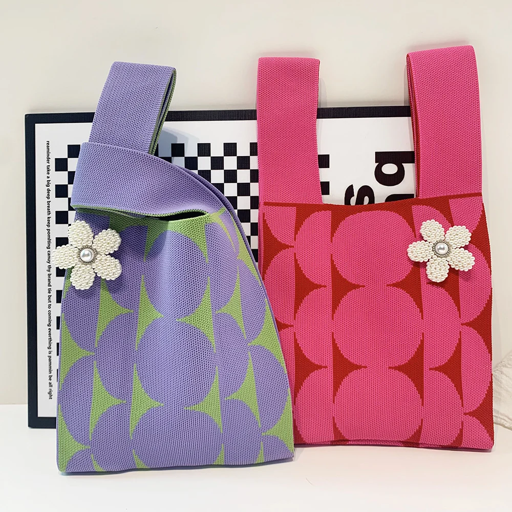 Handmade Pearl Little Flower Knitted Handbag for Women Fashion Knot Wrist Shoulder Bag Lady Portable Reusable Shopping Tote Bag 
Handmade Pearl Little Flower Knitted Handbag for Women Fashion Knot Wrist Shoulder Bag Lady Portable Reusable Shopping Tote Bag