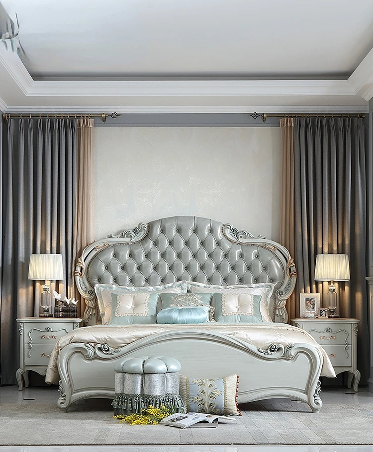 French furniture European-style cowhide 1.8m double bed master bedroom solid wood carved princess bed
French furniture European-style cowhide 1.8m double bed master bedroom solid wood carved princess bed