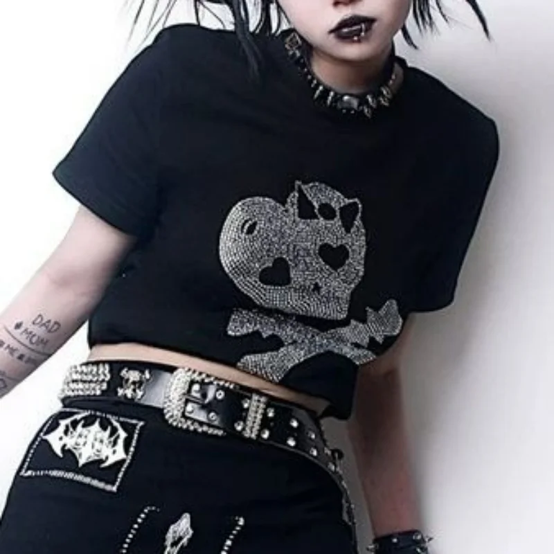 O Neck Solid Color Short Sleeve Crop Top Rhinestone Design Sense Slim Tees Y2k Clothes Subcultural Skull Gothic Women T-shirts
O Neck Solid Color Short Sleeve Crop Top Rhinestone Design Sense Slim Tees Y2k Clothes Subcultural Skull Gothic Women T-shirts