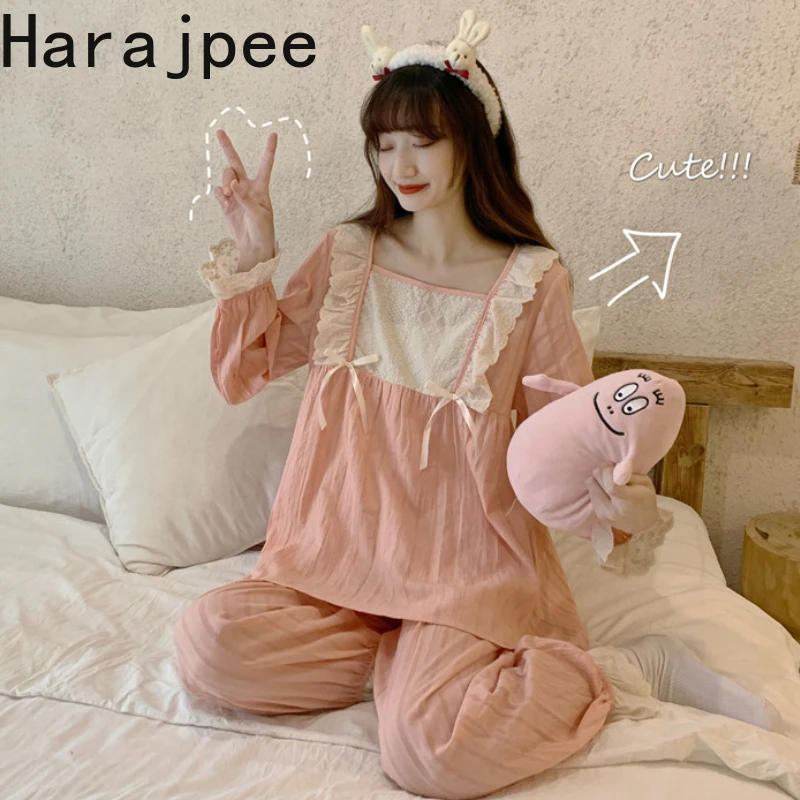 Harajpee Woman Pajamas Set Sweet Solid Loose Homewear Spring New 2022 Lace Stitching Long-sleeved Nightgown Two-piece Suit 
Harajpee Woman Pajamas Set Sweet Solid Loose Homewear Spring New 2022 Lace Stitching Long-sleeved Nightgown Two-piece Suit