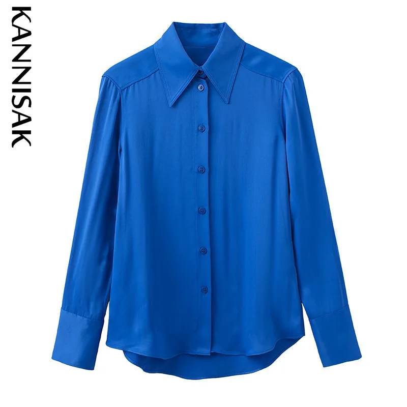 

KANNISAK Women Shirt Spring Autumn Full Sleeve Solid Turn-down Collar Casual Shirts Blue Korean Fashion Blouse Loose Tops 2022