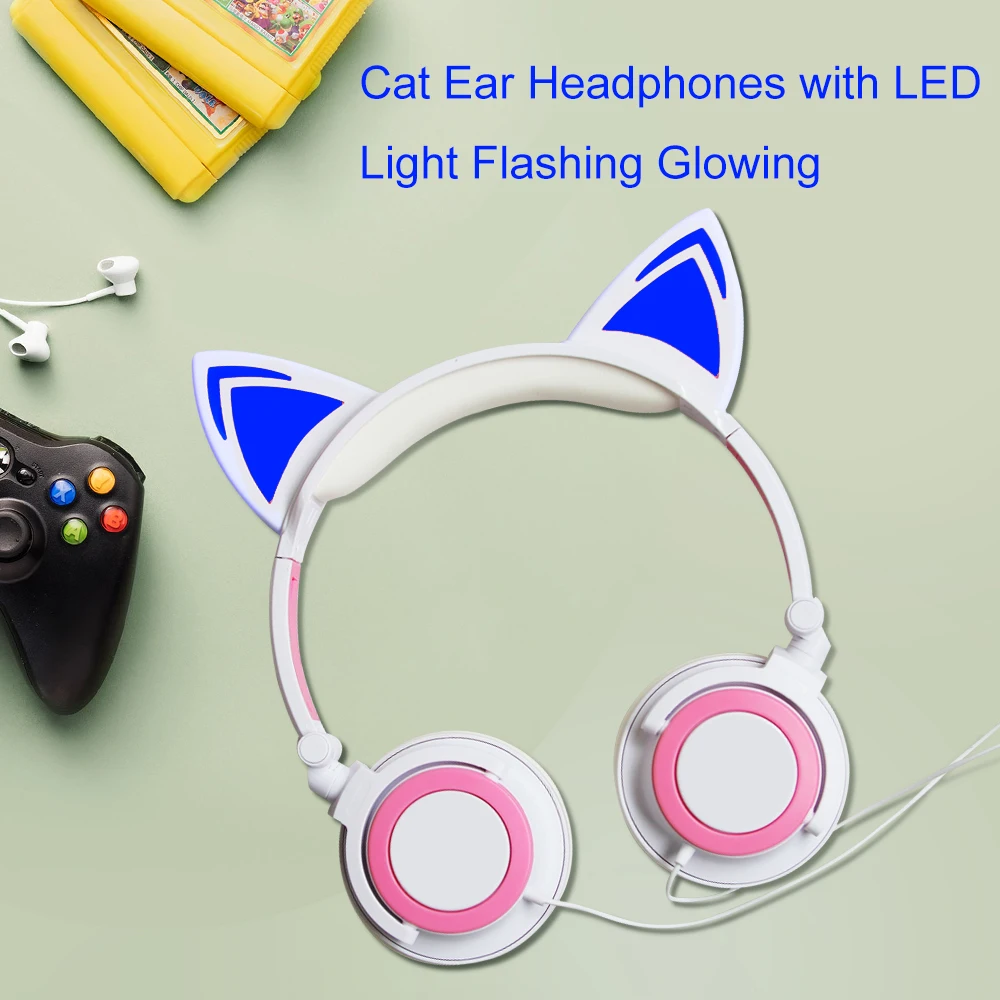 

Foldable Cartoon Cute Gaming Headset Flashing Glowing Led Light Earphones Wired Cat Ear Headphones For Computer Kids Girl Gift