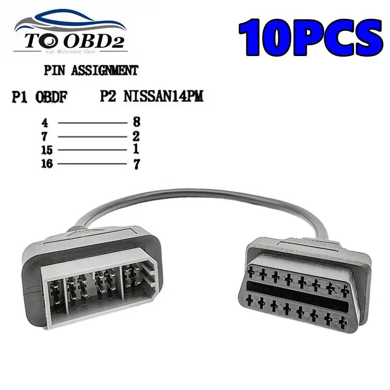 Диагностический кабель OBD OBDII, 10 шт./комплект, 16-контактный разъем OBD2, подходит для диагностики Nissan 14 Pin