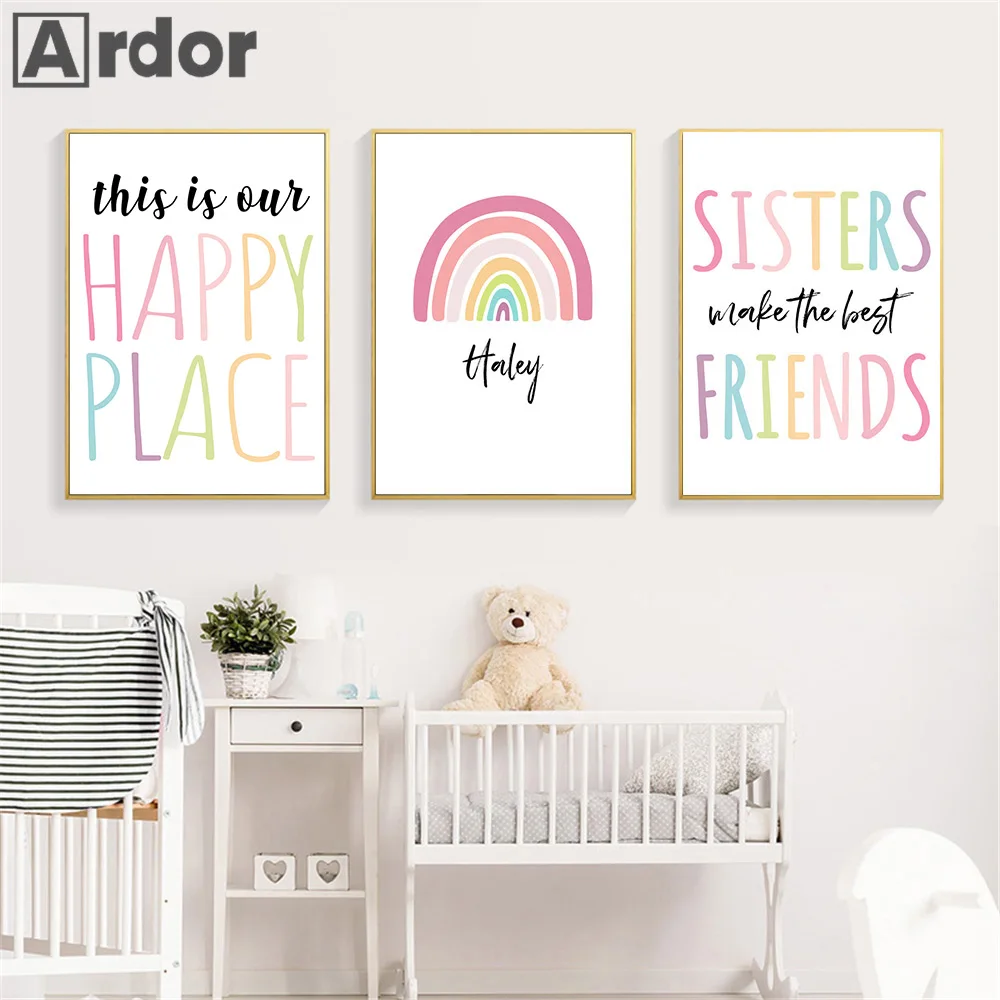 

Rainbow Sisters Friends Quotes Canvas Painting Happy Place Wall Art Prints Nursery Posters Nordic Pictures Kids Girls Room Decor
