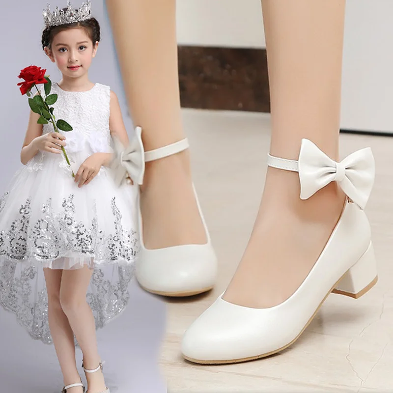 

Fashion Elegant Girls Party Dress Shoes White Children's Princess Leather Shoes Girls Students Performing Black High-heeled Shoe