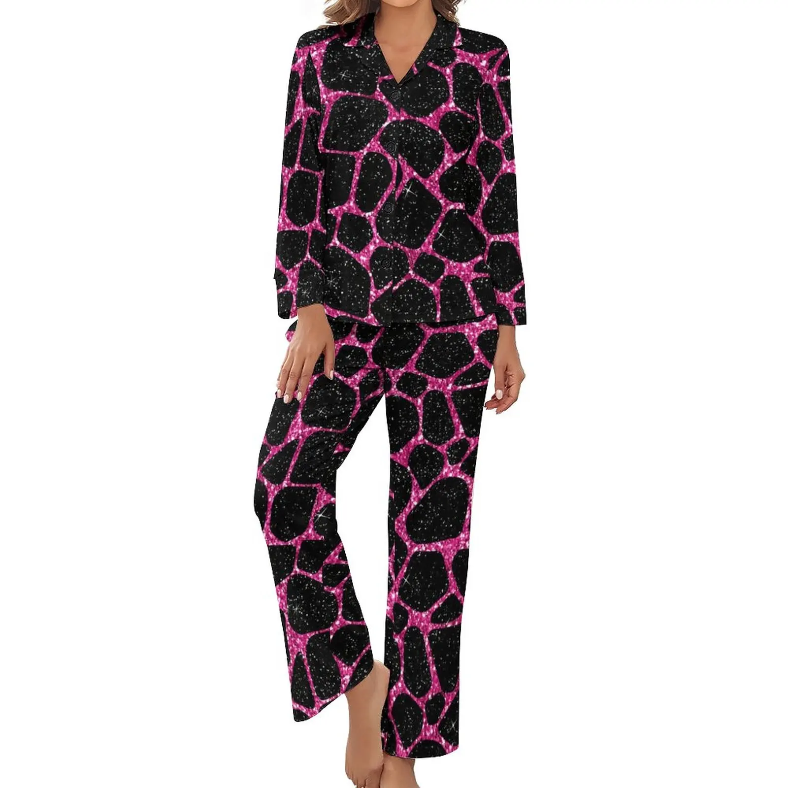 Pink And Black Giraffe Pajamas Spring 2 Piece Animal Print Soft Pajamas Set Female Long Sleeve V Neck Aesthetic Design Nightwear
Pink And Black Giraffe Pajamas Spring 2 Piece Animal Print Soft Pajamas Set Female Long Sleeve V Neck Aesthetic Design Nightwear