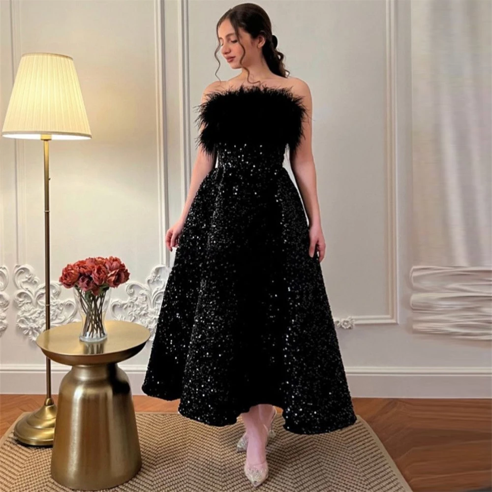 Fashion Strapless Black A-Line Sequins Satin Formal Occasion Prom Dresses Ankle-Length Women Evening Party Dress فساتين السهرة
Fashion Strapless Black A-Line Sequins Satin Formal Occasion Prom Dresses Ankle-Length Women Evening Party Dress فساتين السهرة