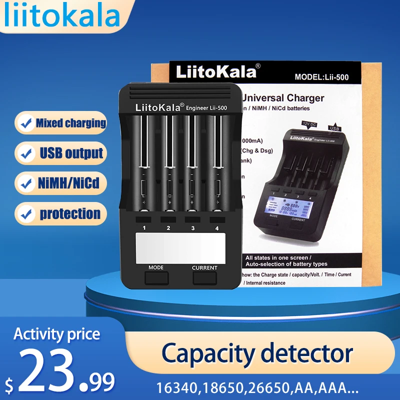Liitokala Lii-500 3,7 V li ion battery 1,2 V Ni MH smart charger 18650 26650 17355 18350 AA AAA детектор емкости
Liitokala Lii-500 3,7 V li ion battery 1,2 V Ni MH smart charger 18650 26650 17355 18350 AA AAA детектор емкости
