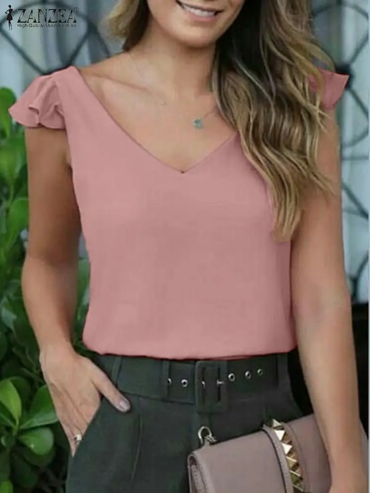 Women V Neck Ruffles Sleeve Blouse ZANZEA Fashion Summer Solid Elegant Work Shirt Casual Flounce Tops Tunic Office Lady Blusas 7
Women V Neck Ruffles Sleeve Blouse ZANZEA Fashion Summer Solid Elegant Work Shirt Casual Flounce Tops Tunic Office Lady Blusas 7
