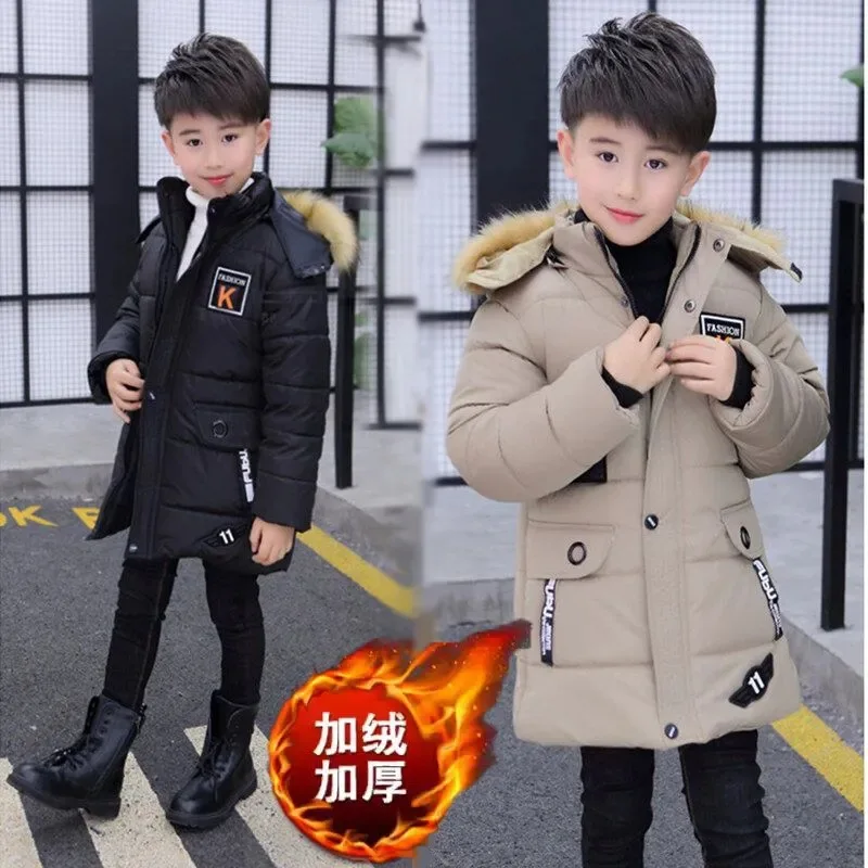 

Детская зимняя одежда на-10 градусов, бархатная хлопковая куртка, длинное пальто с капюшоном, водонепроницаемая утепленная детская парка, верхняя одежда